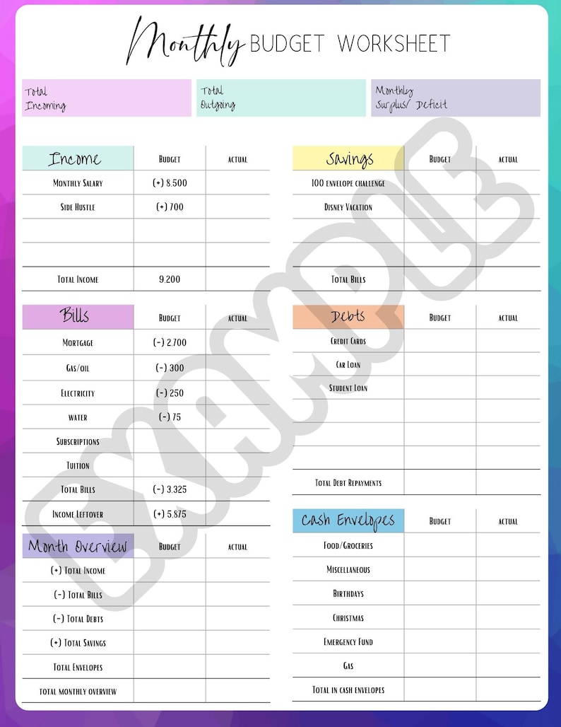Monthly Budget Worksheet | Canva Template - Etsy