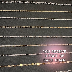 May include: Assortment of delicate chains in gold and silver tones, including heart-shaped, twisted, and bar-link designs. The text reads "YOU RECEIVE 3 FOOT OF EACH CHAIN".