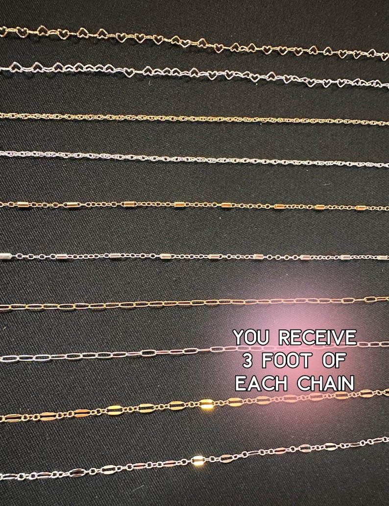 May include: Assortment of delicate chains in gold and silver tones, including heart-shaped, twisted, and bar-link designs. The text reads "YOU RECEIVE 3 FOOT OF EACH CHAIN".