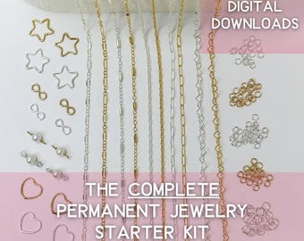May include: A complete permanent jewelry starter kit with various chains, charms, and jump rings in gold, silver, and rose gold tones. The kit includes star, infinity, heart, and other shaped charms. Text on the image reads "PLUS 4 DIGITAL DOWNLOADS" and "THE COMPLETE PERMANENT JEWELRY STARTER KIT (MAKES 50-60 BRACELETS)".
