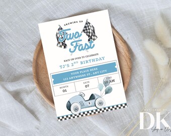 May include: A light blue birthday invitation with the text "Two Fast" and a race car illustration. The invitation includes details for a second birthday celebration, with a date, time, and location. Checkered flags and balloons complete the design.