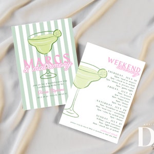 May include: A green and pink invitation card with a margarita illustration and the text "Margs & Matrimony" and "Join us for a bachelorette trip celebrating [bride-to-be's name] July 18-21, tulum, mexico". A second card with a green and pink itinerary for a weekend getaway with the text "Weekend Itinerary" and the dates and times of events.