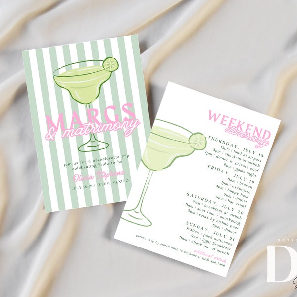 Bachelorette Party Invitation + Itinerary | Margs & Matrimony | Mexico Destination | Bridal Shower | Editable