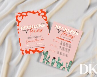 Bachelorette Party Invitation + Itinerary | Reckless in Texas | Rodeo, Western | Editable