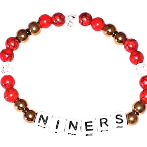 San Francisco 49ers football beaded natural gemstone bracelet: red turquoise, cracked quartz, gold hematite