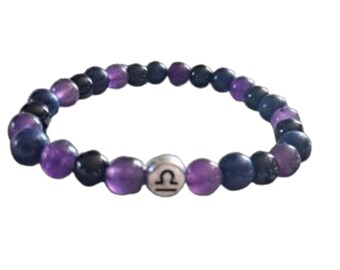 Libra Zodiac Bracelet: Amethyst, Obsidian, Blue Tiger's Eye Gemstones