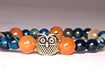 Natuurlijke edelsteengenezing kristallen armband, gouden uil accentkraal - carneool - tijgeroog - kristallen sieraden - uilarmband