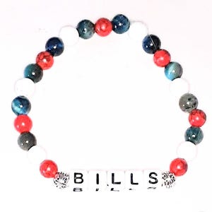 Buffalo Bills football natural gemstone beaded bracelet: red turquoise, blue tiger eye, white lava stone