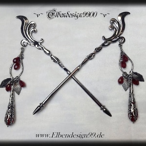 Hair stick Wicca black dark red pin Gothic Steampunk pagan leaves witch statement stick for bun hair accessory gunmetal emerald