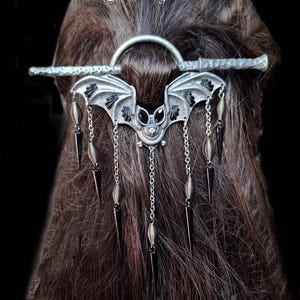 Hair accessory with pin Wicca black bat spikes Gothic Steampunk pagan vampire witch statement stick for bun hair accessory gunmetal