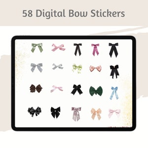 Könnte beinhalten: Ein digitaler Download von 58 Schleifen-Stickern in verschiedenen Farben und Stilen. Die Schleifen werden auf einem weißen Hintergrund angezeigt.