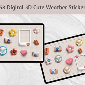 Puede incluir: Dos pantallas digitales que muestran 58 lindas pegatinas de clima 3D. Las pegatinas incluyen corazones, flores, cámaras, marcas de verificación y ladrillos. Las pantallas están sobre un fondo blanco.