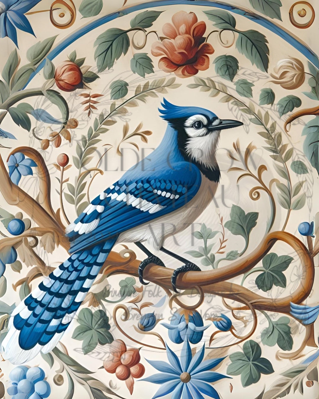 Early American Colonial Folk Art Digital Painting of Blue Jay, 8 X 10 ...