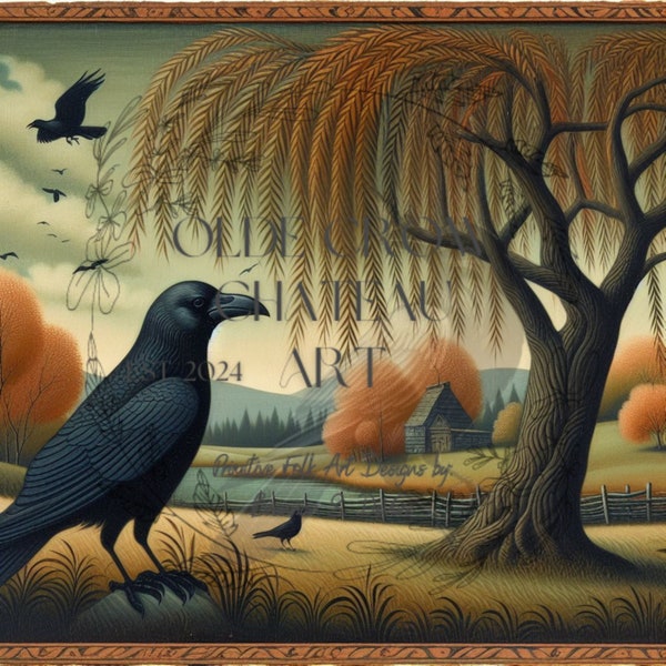 Early American Style Folk Art Digital Painting of Primitive Crow Fall Scene, 1:1 Portrait Style Digital Download, Personal & Commercial use