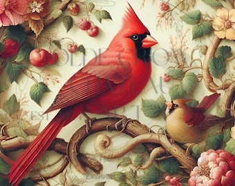 May include: A red cardinal perched on a branch with green leaves and red berries. A smaller brown cardinal is perched on a branch below. The background is a light cream color with a floral pattern.