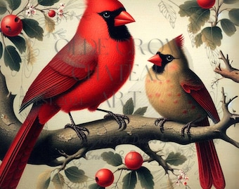 May include: Two red cardinals perched on a branch with green leaves and red berries. The cardinal on the left is bright red with a black mask, while the cardinal on the right is a lighter shade of red with a yellow breast.