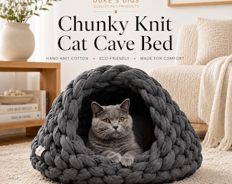 Large 20" Chunky Knit Cat Cave Bed | 100% Cotton | Dark Charcoal | Handmade Cat Nest | Pup or Cat Bed | Cat Cave House | Washable Cat Bed