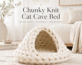Large 20" Chunky Knit Cat Cave Bed | 100% Cotton | Off-White Cream | Handmade Cat Nest | Pup or Cat Cave House | Washable Cat Bed