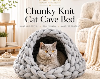 Large 20" Chunky Knit Cat Cave Bed | 100% Cotton | Soft lt gray | Handmade Cat Nest | Cat or Pup Cave House | Washable Cat Bed
