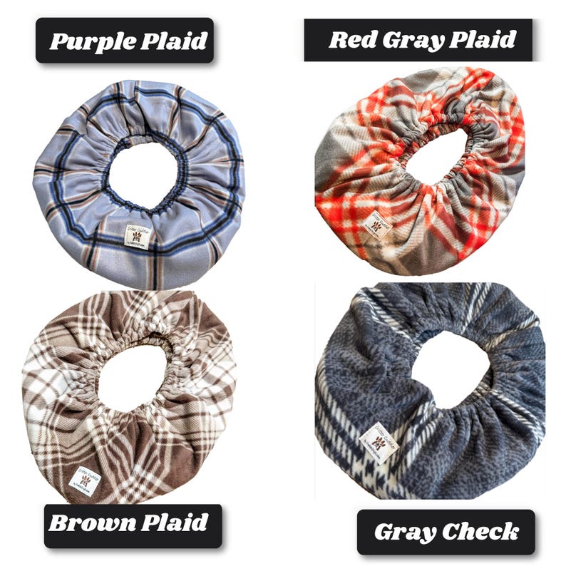 May include: Four circular fabric bowl covers with elastic edges. Top left is purple plaid, top right is red and gray plaid, bottom left is brown plaid, and bottom right is gray check. Each cover features a small white rectangular brand label.