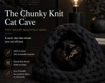 Large 20" Chunky Knit Cat Cave Bed | 100% Cotton | Black| Handmade Cat Nest | Cat Pup Gift | Chic | Man Cave House | Washable Cat Bed