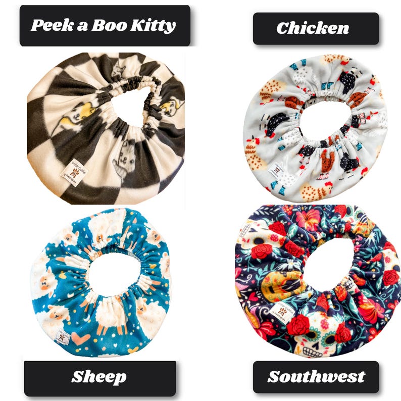 May include: Four circular fabric bowl covers with elastic edges. Top left features a black and white checkered pattern with cats and the text Peek a Boo Kitty. Top right shows chickens. Bottom left displays sheep. Bottom right features skulls and flowers.