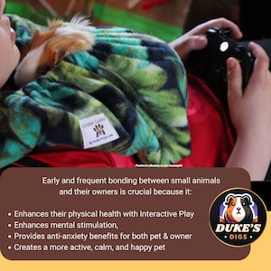 The Critter Cuddler small pet carrier assists in the crucial frequent bonding sessions between young animals and their pet parents. Bonding enhances their physical health, mental stimulation, and provides anti-anxiety benefits creating calm happy pet