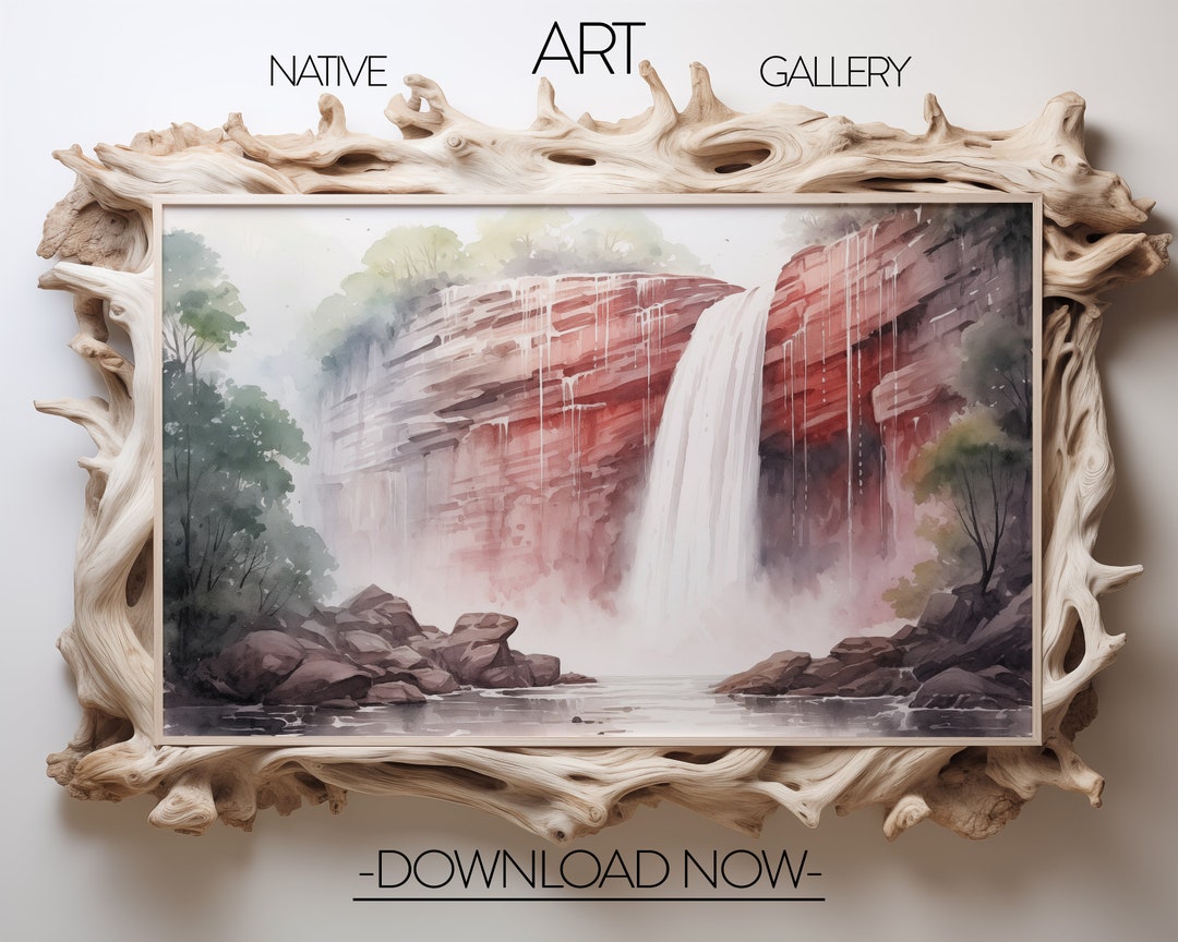 Pink Waterfall Oasis, Watercolor Painting Art Print, Poster Landscape ...