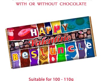 May include: A colorful chocolate bar wrapper with the text "HAPPY Valentine BestuncLe" and a design of chocolate pieces. Suitable for a 100-110g standard size chocolate bar.