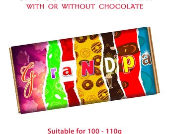 May include: A colorful chocolate bar wrapper with the word "Grandpa" printed on it. The wrapper is designed to look like a torn piece of paper with different colored sections. The wrapper is suitable for a 100-110g chocolate bar.