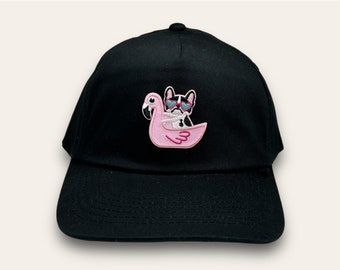 Kinder Cap mit Flamingo Französische Bulldoge Patch | verstellbare Kappe  Schwarz | Basecap mit Stickerei