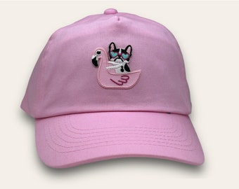 Kinder Cap mit Flamingo Französische Bulldoge Patch | verstellbare Kappe  Pink | Basecap mit Stickerei