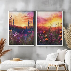 Set of 2 PEACEFUL Meadow Printable Sunset Art - Nature Watercolor, Printable Wildflower Landscape for Calm Décor, Textured Art Print