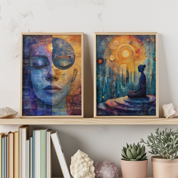 Set of 2 Spiritual Enlightenment Inspired Mixed Media Wall Art | Digital Watercolor Printable Décor, Meditation Art, Mystical Painting