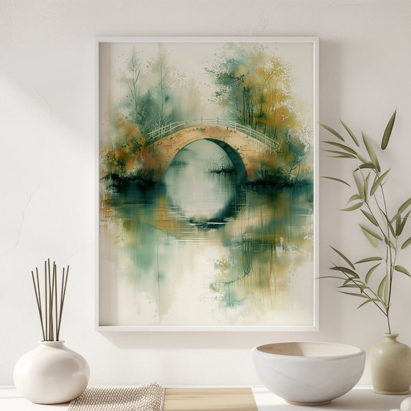 Dreamy Bridge Reflection Painting, Cyan Amber Ink Wash,  Minimalist Watercolor Print, Printable Home Décor, Instant Download