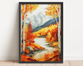 Rustic Autumn Forest Papercut Art, Mountain Lake Digital Print, Instant Download, Serene Fall Landscape, Cozy Cabin Decor Artwork