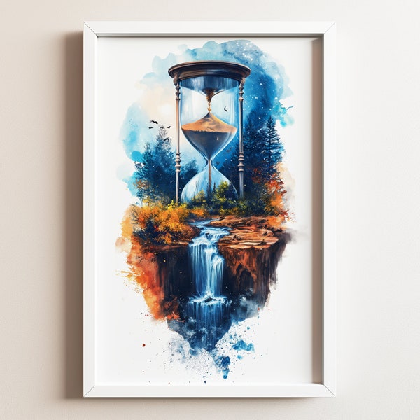 Printable Blue Amber Watercolor Art - Downloadable Meditation Hourglass Illustration, Printable Clockpunk Wall Art, Spiritual Nature Decor