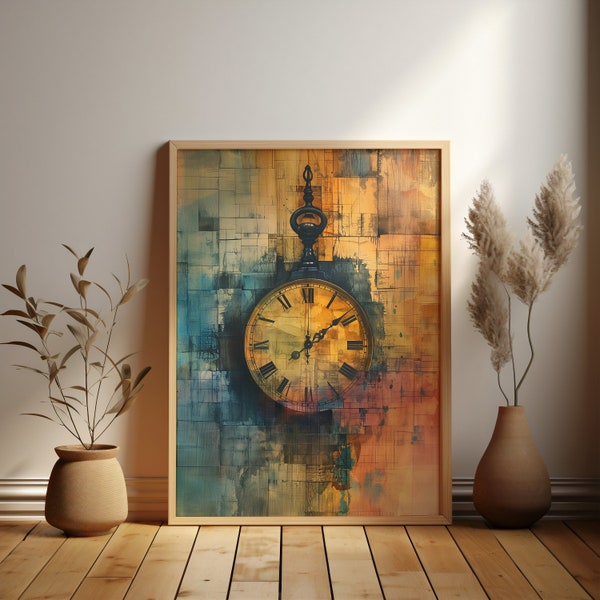 Oeuvre d'art abstraite d'horloge, peinture ambre et cyan multicouche, toile murale imprimable de techniques mélangées, téléchargement imprimable