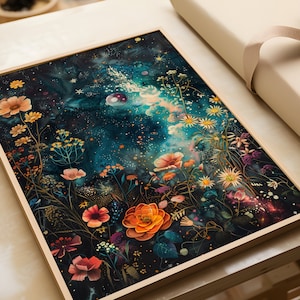 ENCHANTED Cosmic Garden Digital Print - Starry Night and Blooms Wall Art - Instant Download, Printable Botanical Decor, Unique Sci-Fi Art