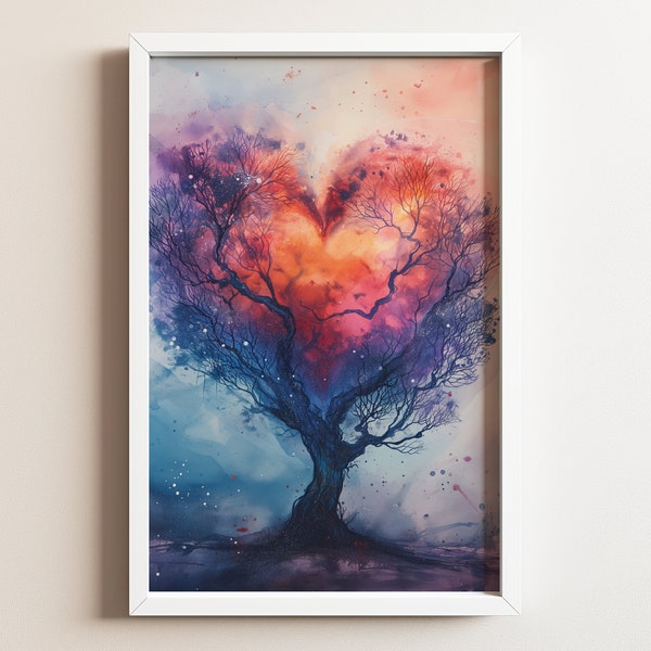 Heart-Shaped Tree Art Print - Love-Inspired Landscape, Printable Romantic Tree Painting, Colorful Wall Art, Instant Digital Download