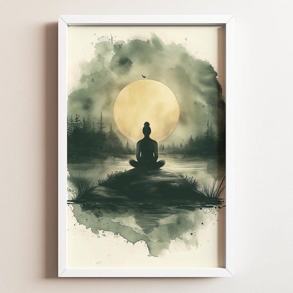 Arte de acuarela espiritual imprimible de la meditación budista - Bosque atmosférico con aguas tranquilas, descarga de pintura de mancha de tinta digital