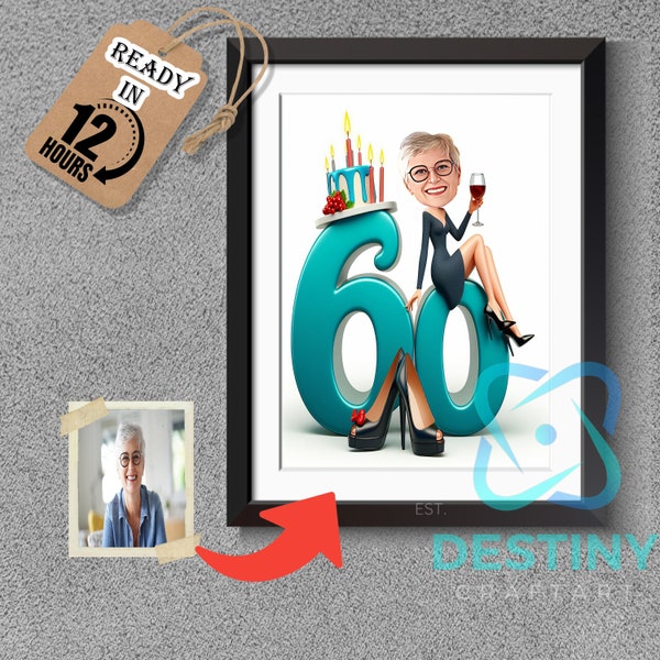 New Personalized 60th Birthday Caricature from Photos Happy Birthday Cartoon Portrait Gift Any Birthday Frame, Caricature from Photo Picture