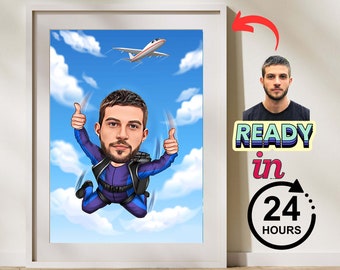 Portrait personnalisé de dessin animé de parachutiste, dessin caricature de parachutiste personnalisé à partir d'une photo, caricature drôle de parachutiste, cadeau pour parachutiste