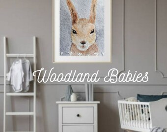 Neutral Squirrel Nursery Art – Woodland Baby Animal Printable, Rustic Nursery Decor, Digital Forest Print