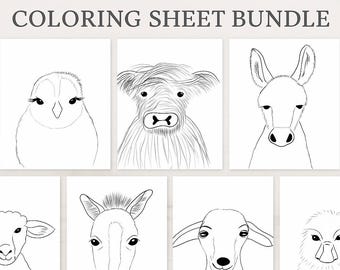 Farm Animal Coloring Pages Printable Bundle, 8 Kids Coloring Pages, Toddler Activity, Preschool Worksheet, Homeschool, Instant Download