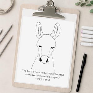 Donkey Coloring Page with Scripture – Psalm 34:18 Printable | Christian Farm Animal Art for Kids | 8.5x11&quot; PNG Download
