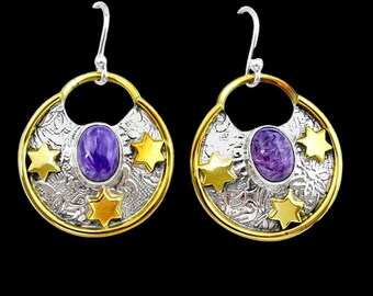 Pendientes de estrella de oro y plata de ley con charoita morada