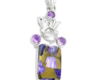 Colgante de pájaro del amor de charoita y amatista