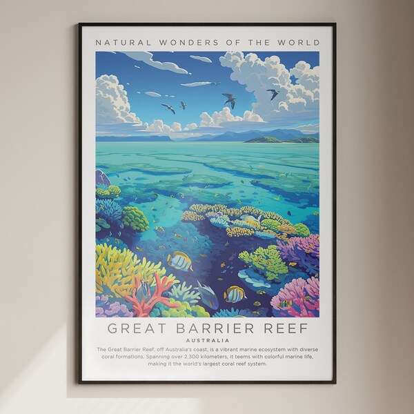 Great Barrier Reef, Natural Wonders of the World, Retro Travel Wall Art Australia, Travel Poster Print, Vintage Travel Wall Art