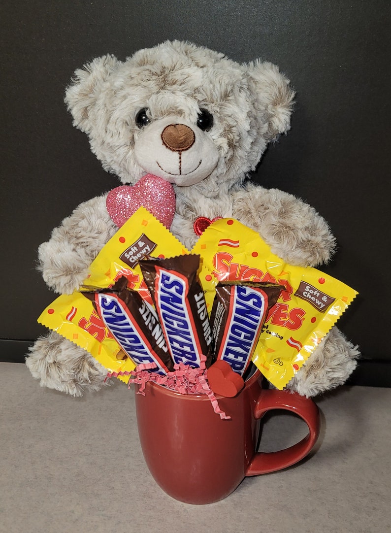 Valentine Candy Bouquet Mug With Plush Animal, Valentine's Day Gift for